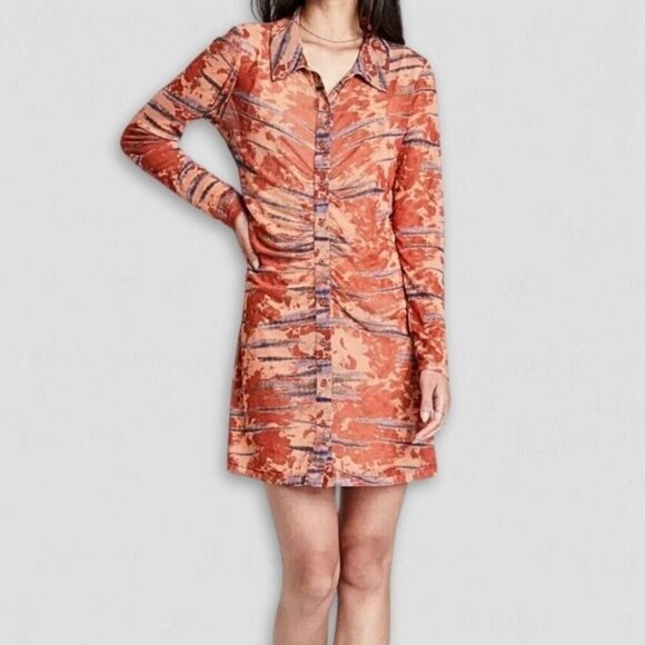 Wild Fable Mesh Duster Dress Button Front Tie-Dye Orange Purple Large - Picture 1 of 8